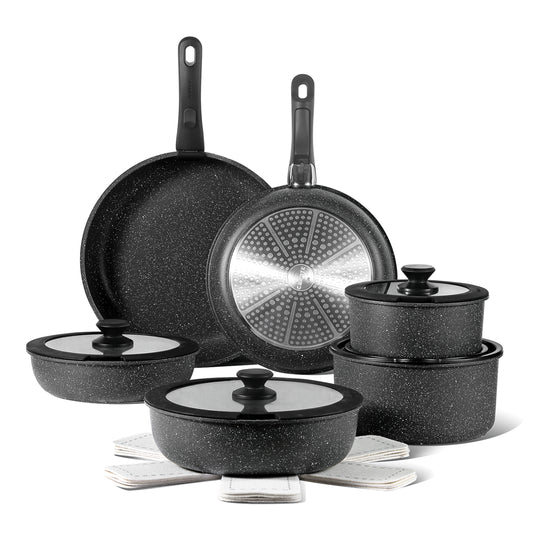 17Pcs Nonstick Cookware Set with Detachable Handle, Black