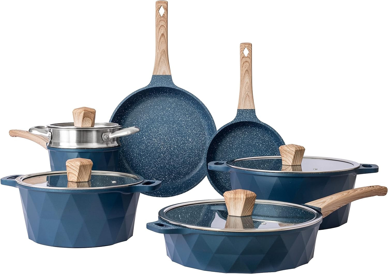 Induction Cookware Sets - 13 Piece Nonstick Cast Aluminum Pots and Pans with BAKELITE Handles, Glass Lids (Navy)