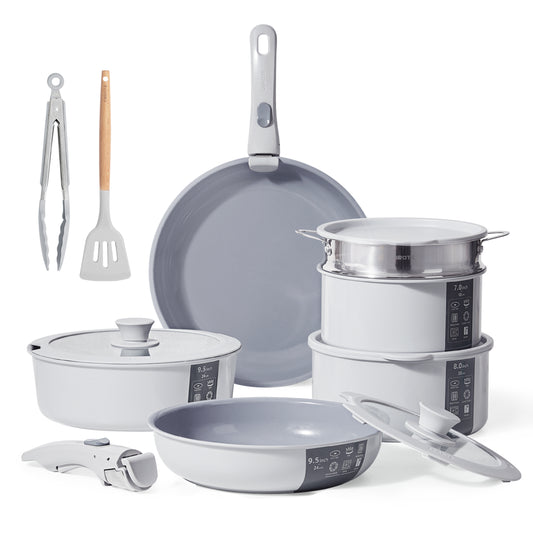 14Pc Grey, Ceramic Cookware Set with Removable Handle, Non Stick RV Set, Oven, Grey