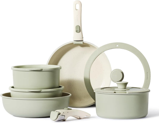 11Pc Kitchen Cookware Sets Non Stick with Removable Handle, RV Cookware Set, Oven Safe, Green